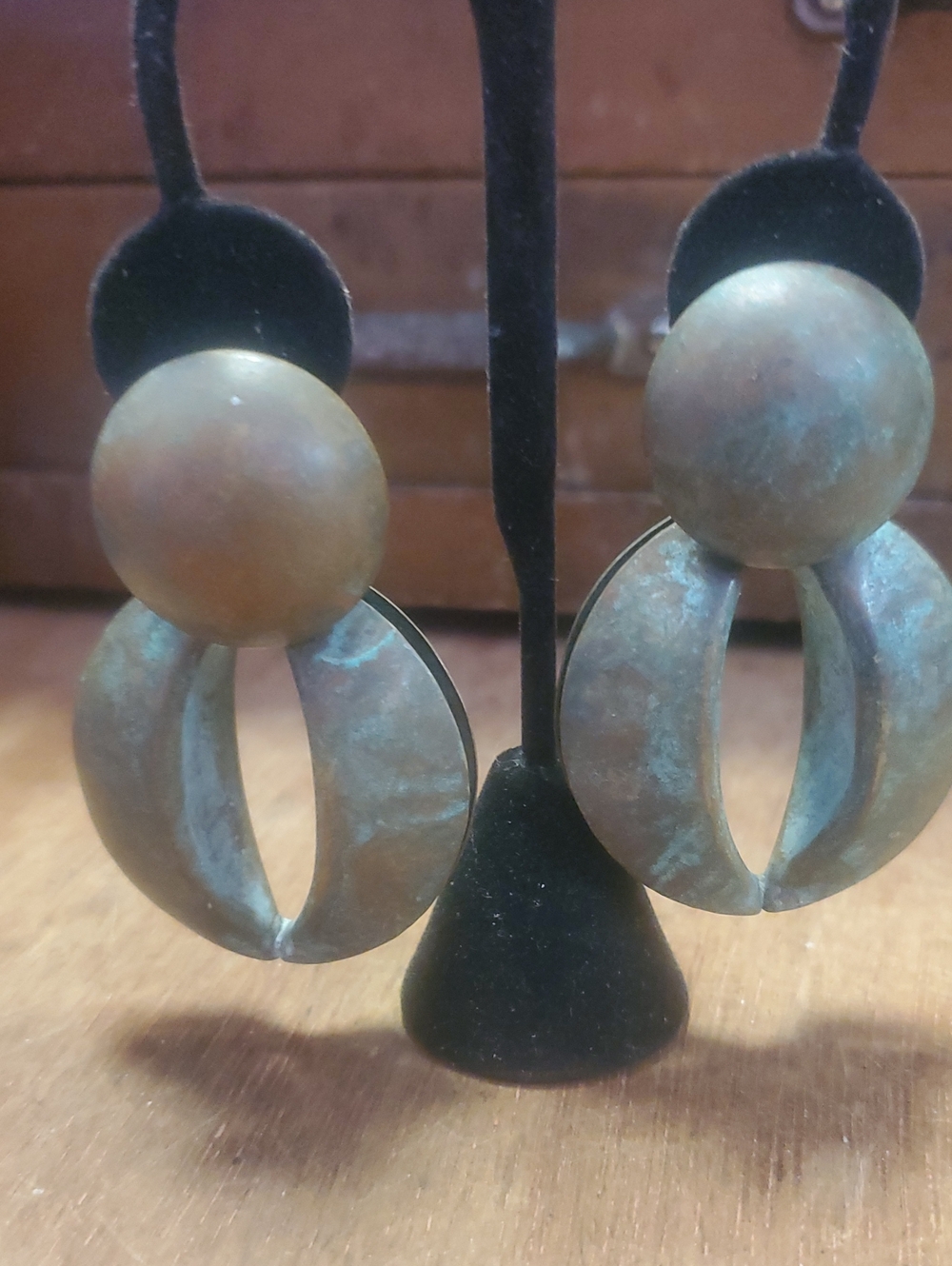 Patina Copper Hoop Drop Earrings - Green Bronze Finish Modernist SK